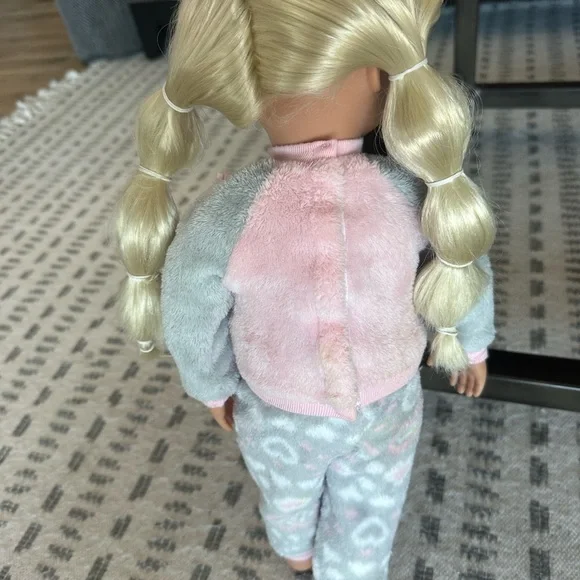 Our Generation 18” Doll wearing Pink & Gray Cozy Cat Pajamas - Picture 5 of 8